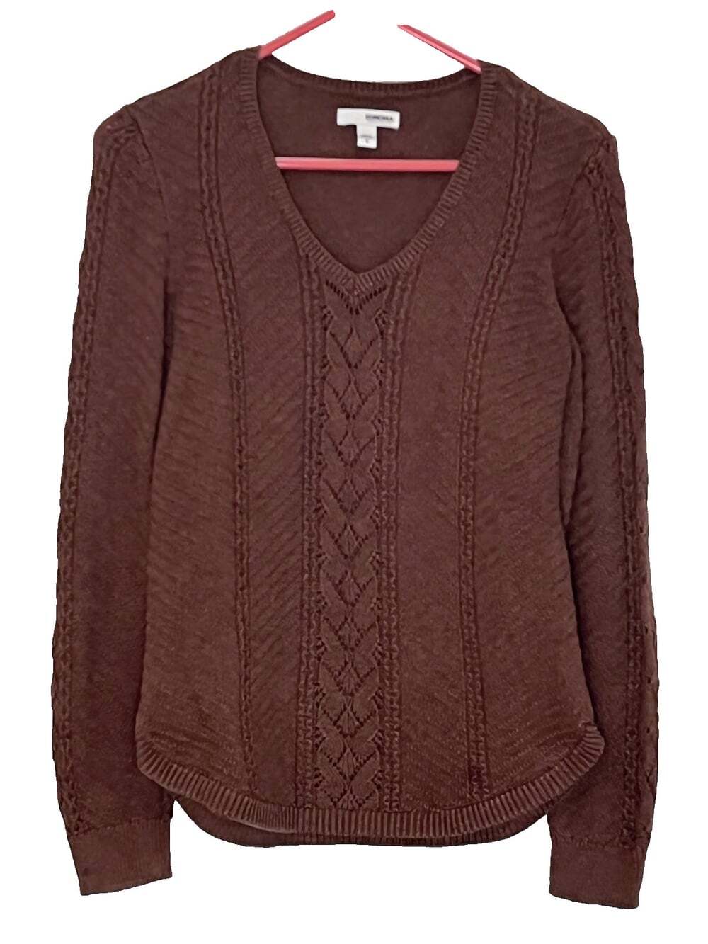 Womens V-Neck Cable Knit Sweater sz S Brown Preppy Dark Academia Y2K Cottagecore
